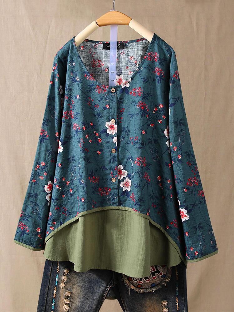 shopping חולצות וסוודרים Vintage Floral Print V Neck Long Sleeve Autumn Blouse