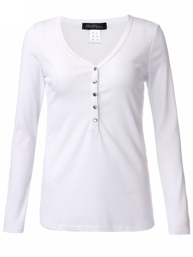 shopping חולצות וסוודרים Women V --Neck Long Sleeve Knitted Slim Buttons T-Shirt