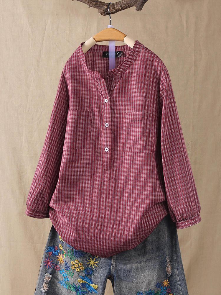 shopping חולצות וסוודרים Women Casual Long Sleeve Plaid Button Blouse