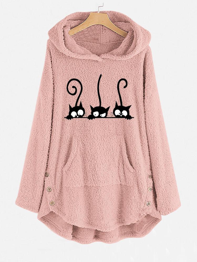 shopping חולצות וסוודרים Cat Cartoon Print Long Sleeve Casual Sweatshirt Hoodie With Pocket