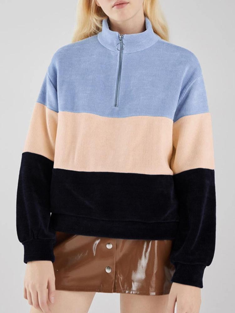 shopping חולצות וסוודרים Casual Stand Collar Color Block Corduroy Sweatshirt