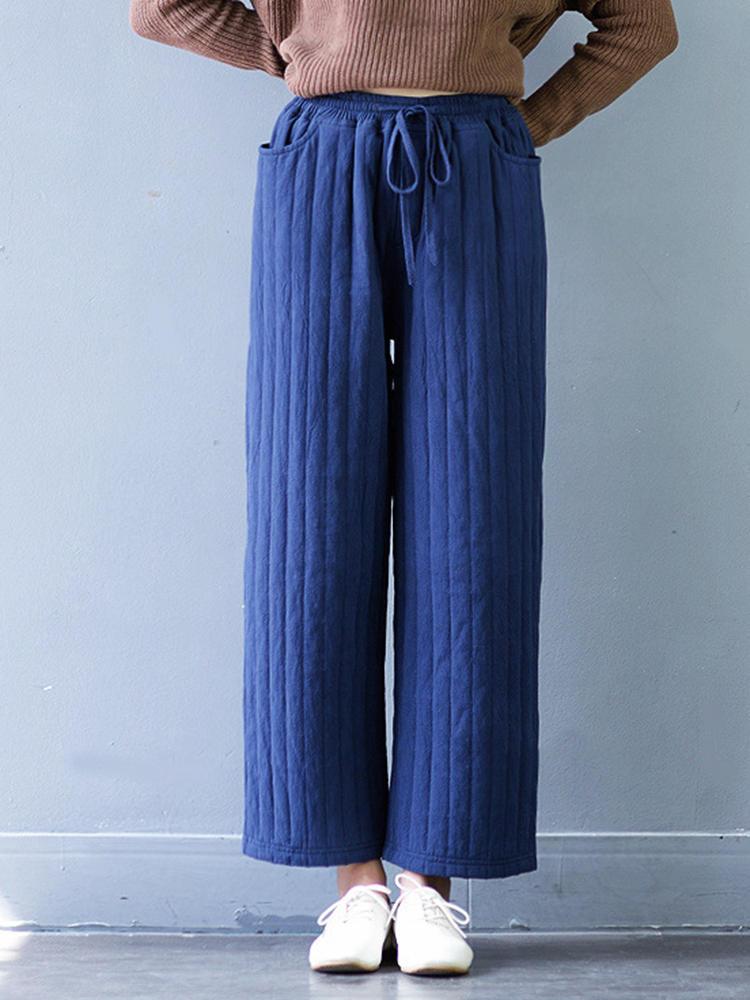 shopping מכנסיים Casual Women Thicken Stripe Drawstring Waist Wide Leg Pants
