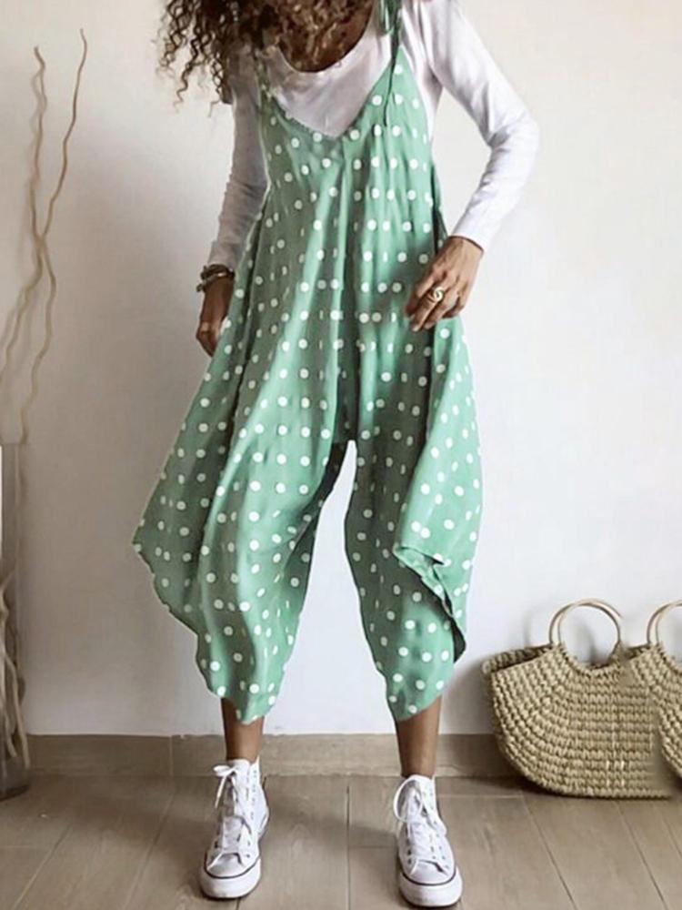 shopping מכנסיים Wide Leg Women Loose Polka Dot V-Neck Irregular Hem Jumpsuit