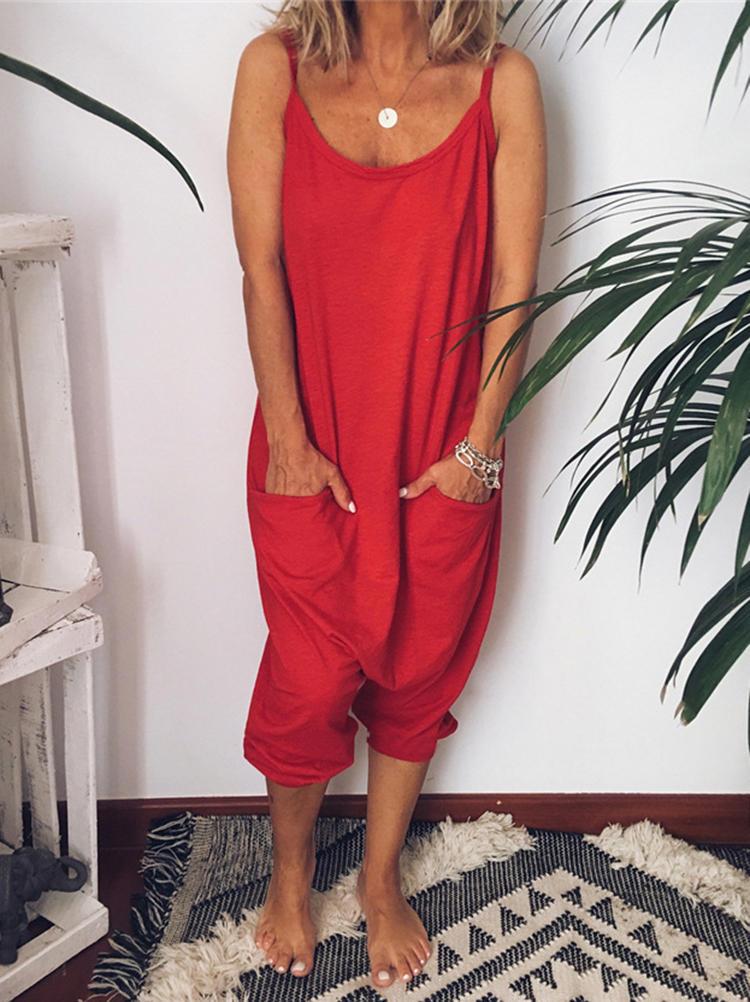 shopping מכנסיים Women Solid Color Strap Jumpsuit with Pockets