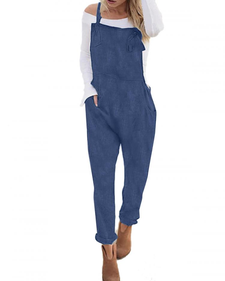 shopping מכנסיים Women Sleeveless Overalls Strappy Pocket Romper Bib Loose Jumpsuit