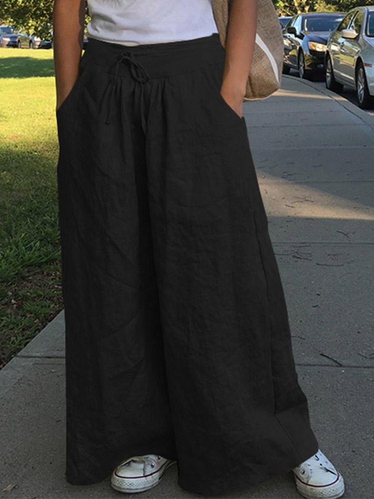 shopping מכנסיים Wide Leg Women Casual Solid Color Loose High Elastic Waist Side Pockets Pants