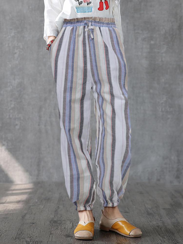 shopping מכנסיים Women Casual Striped Elastic Waist Trousers Pants