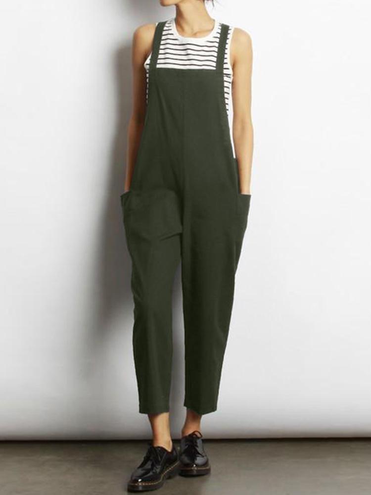 shopping מכנסיים Women Sleeveless Cross Back Overalls Jumpsuit with Pockets