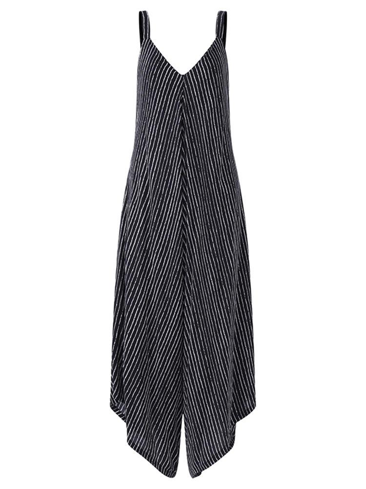 shopping מכנסיים Sexy Women Spaghetti Strap V-Neck Striped Wide Leg Jumpsuit