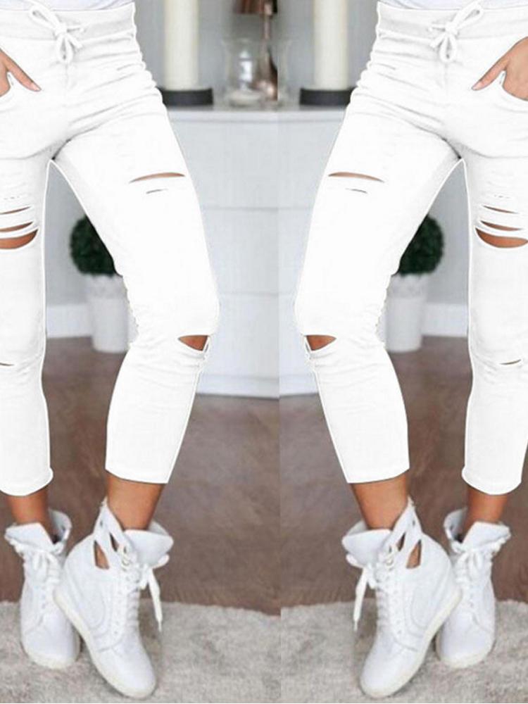 shopping מכנסיים Women Causal Holes High Waist Loose Solid Skinny Jeans