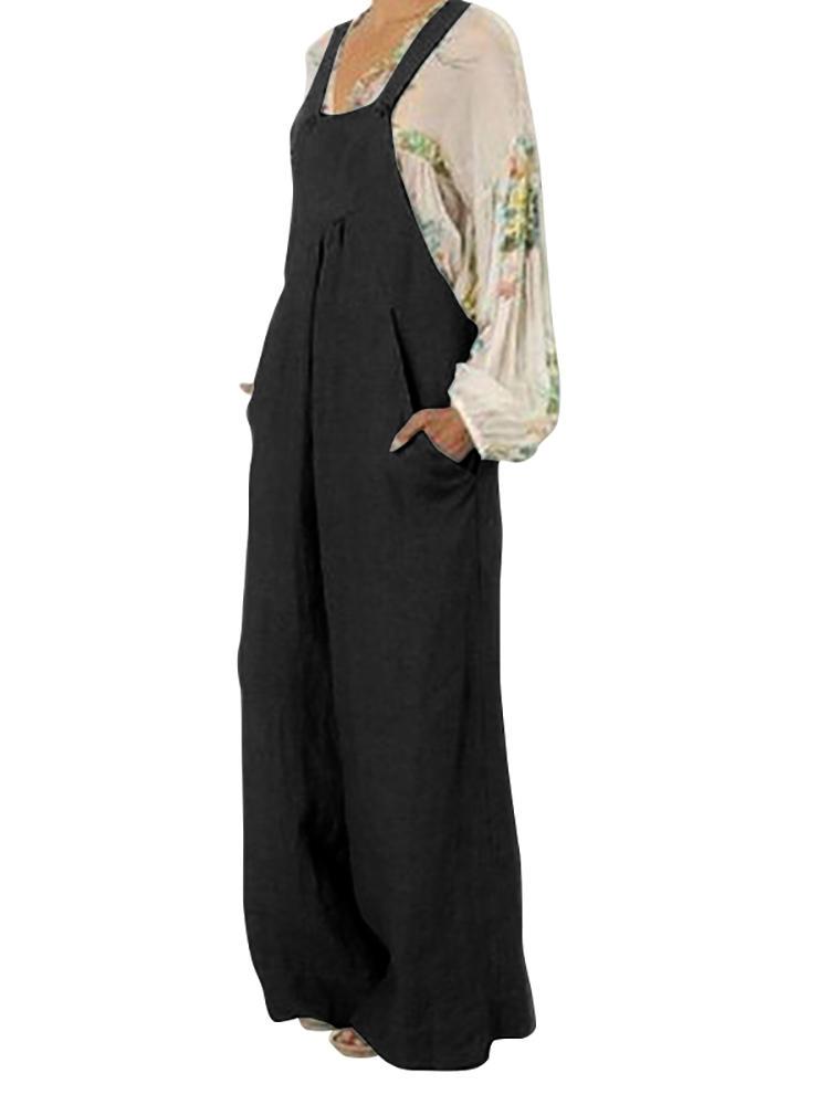 shopping מכנסיים Casual Women Loose High Waist Pure Color Pockets Jumpsuit