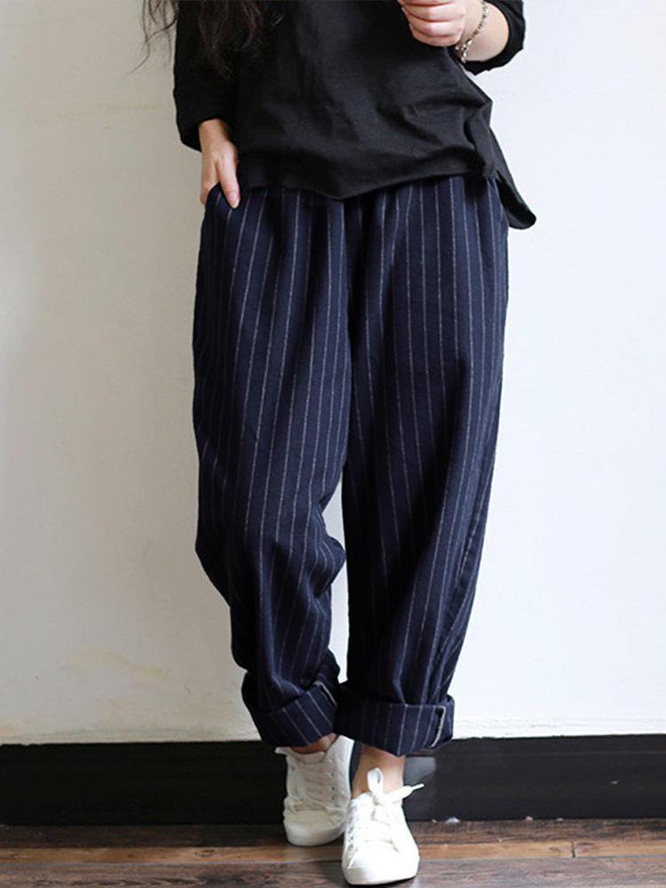 shopping מכנסיים Women High Elastic Waist Striped Loose Cotton Harem Pants