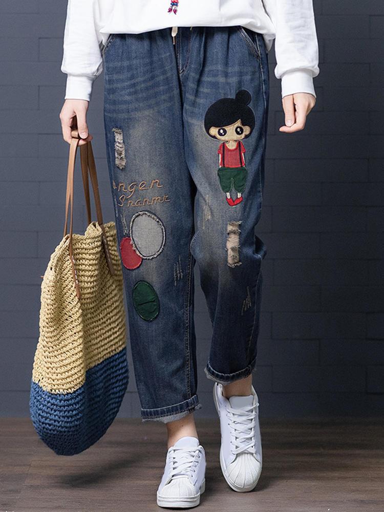 shopping מכנסיים Cartoon Embroidery Hollow Elastic Drawstring Waist Denim Jeans