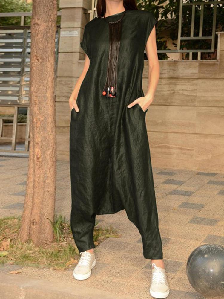 shopping מכנסיים Women Short Sleeve O-neck Solid Color Harem Jumpsuit Overalls