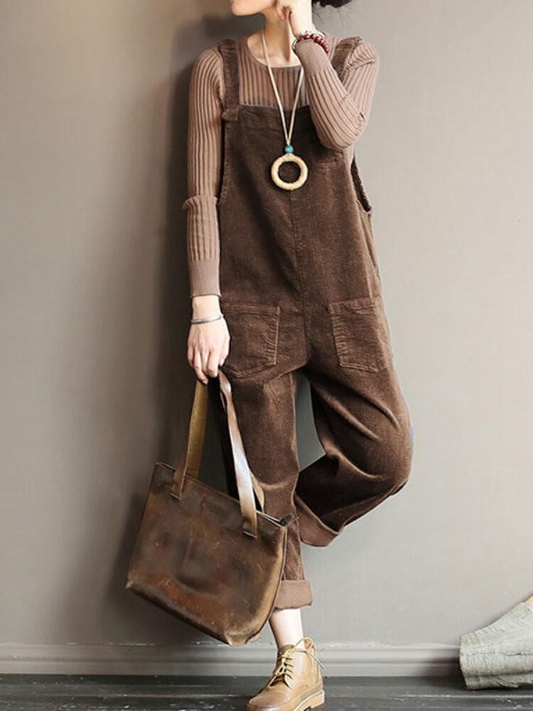 shopping מכנסיים Corduroy Sleeveless Elastic Straps Casual Simple Front Pockets Jumpsuit For Women