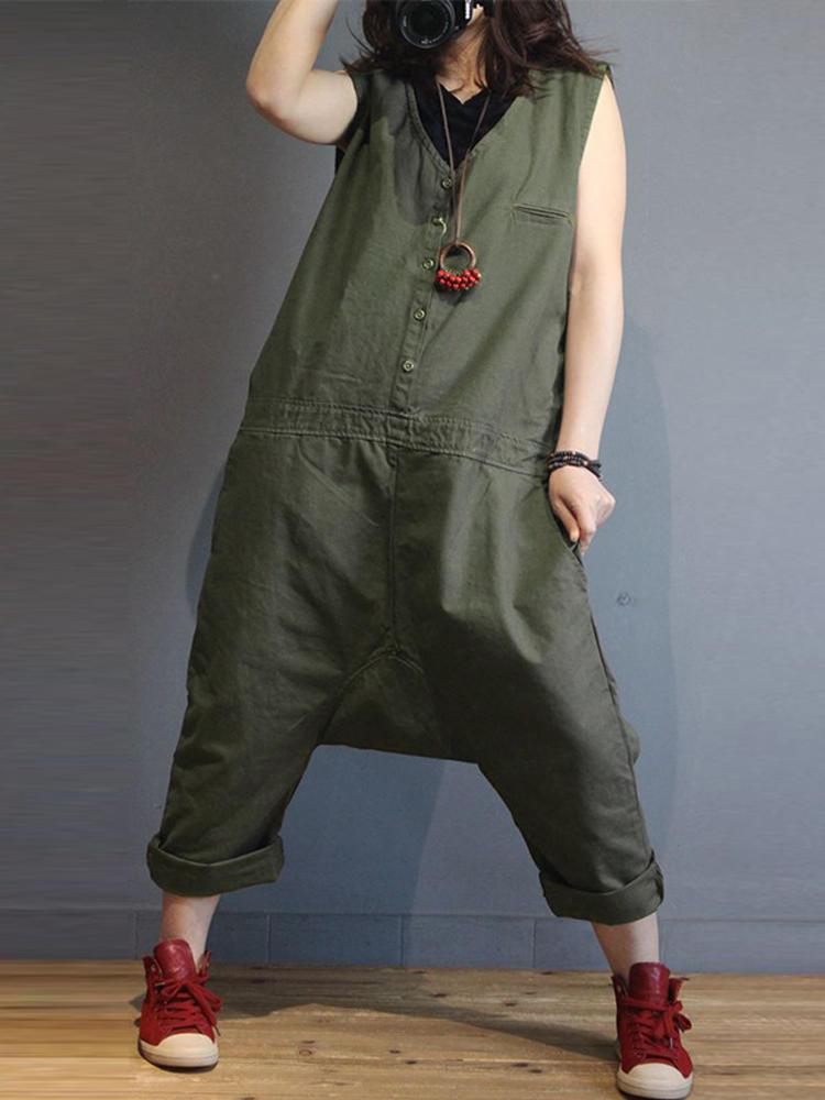 shopping מכנסיים Women Sleeveless V Neck Loose Harem Jumpsuit Overalls