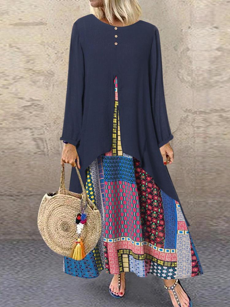 shopping שמלות Vintage Ethnic Print Splice Long Sleeve Maxi Dress
