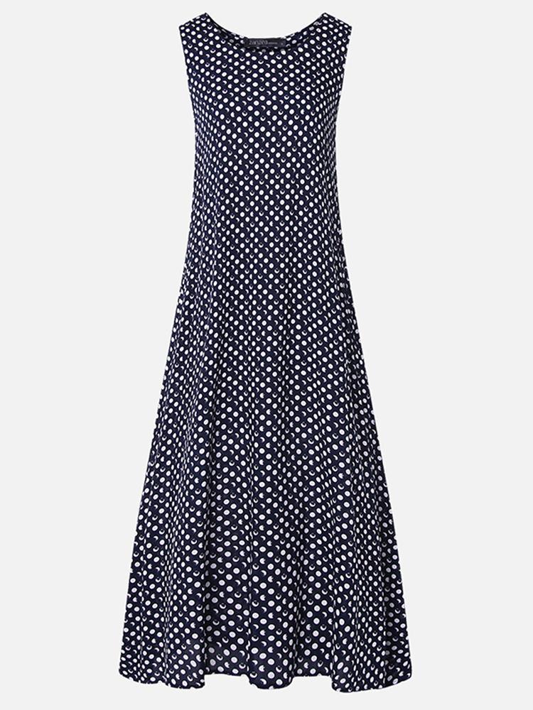shopping שמלות Women Bohemian Sleeveless O-neck Polka Dot Print Maxi Dress