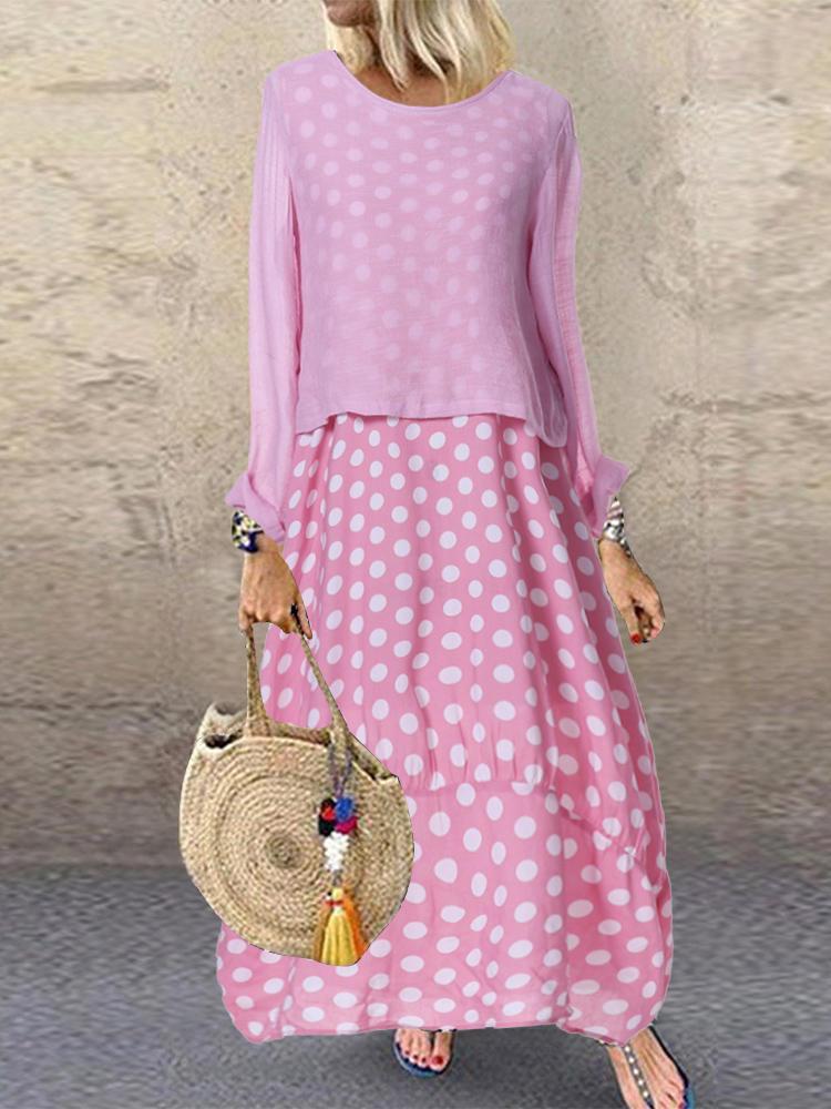 shopping שמלות Crew Neck Two-piece Set Polka Dot Splice Long Sleeve Maxi Dress