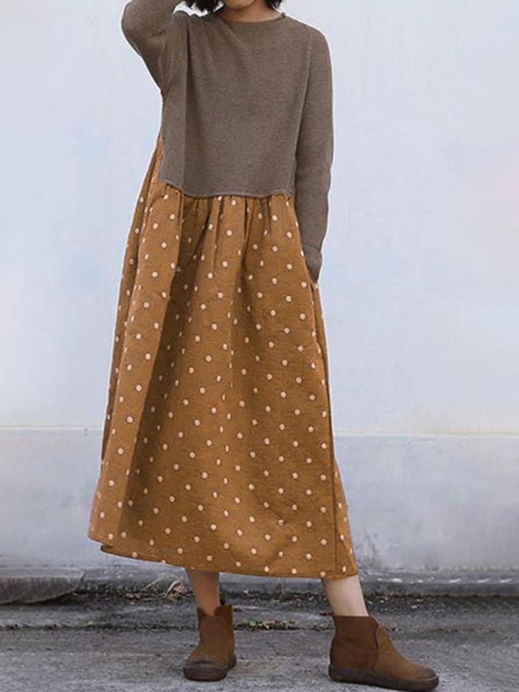 shopping שמלות Women Vintage Polka Dot Print Patchwork Long Sleeve Dress