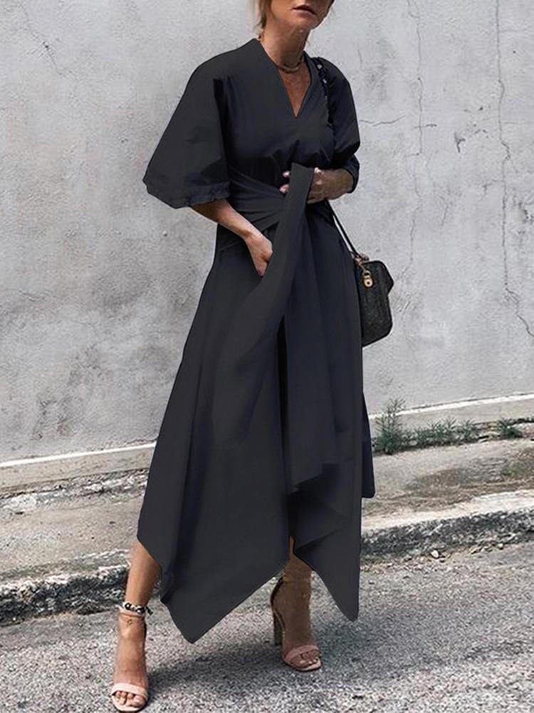 shopping שמלות Women 3/4 Sleeve Asymmetrical Midi Shirt Casual Belted Long Dress