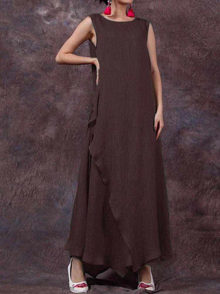 shopping שמלות Women Sleeveless Solid Color O-neck Long Maxi Dress