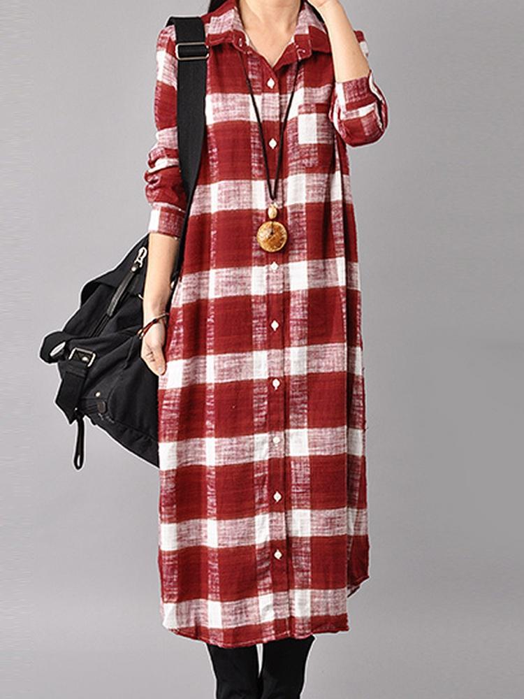 shopping שמלות Casual Women Long Sleeve Button Down Plaid Shirt Dress