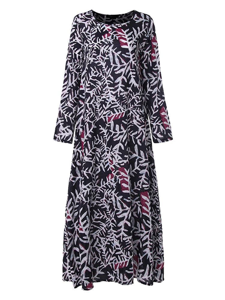 shopping שמלות Women Vintage Long Sleeve Crew Neck Floral Print Maxi Dress