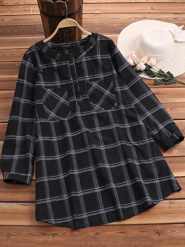 shopping שמלות Women Buttons Stand Collar Long Sleeve Plaid Shirt Dress