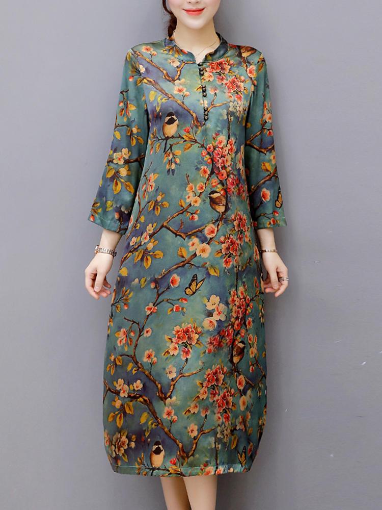shopping שמלות Vintage Women Floral Printed Long Sleeve Stand Collar Midi Dress