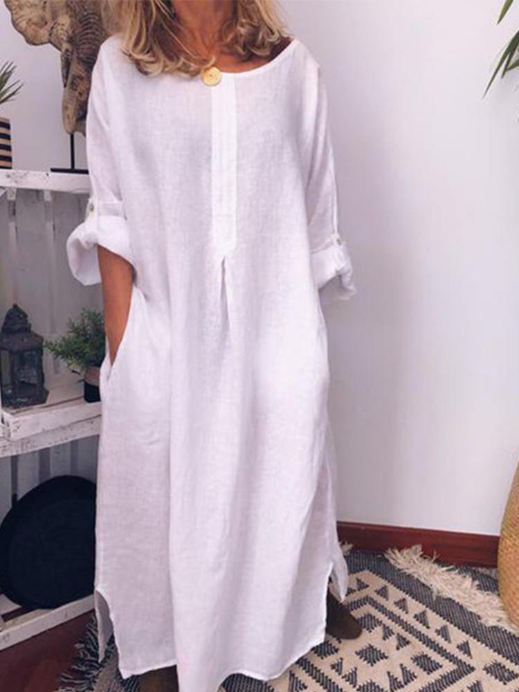 shopping שמלות Loose Solid Color Long Sleeve Casual Maxi Dress