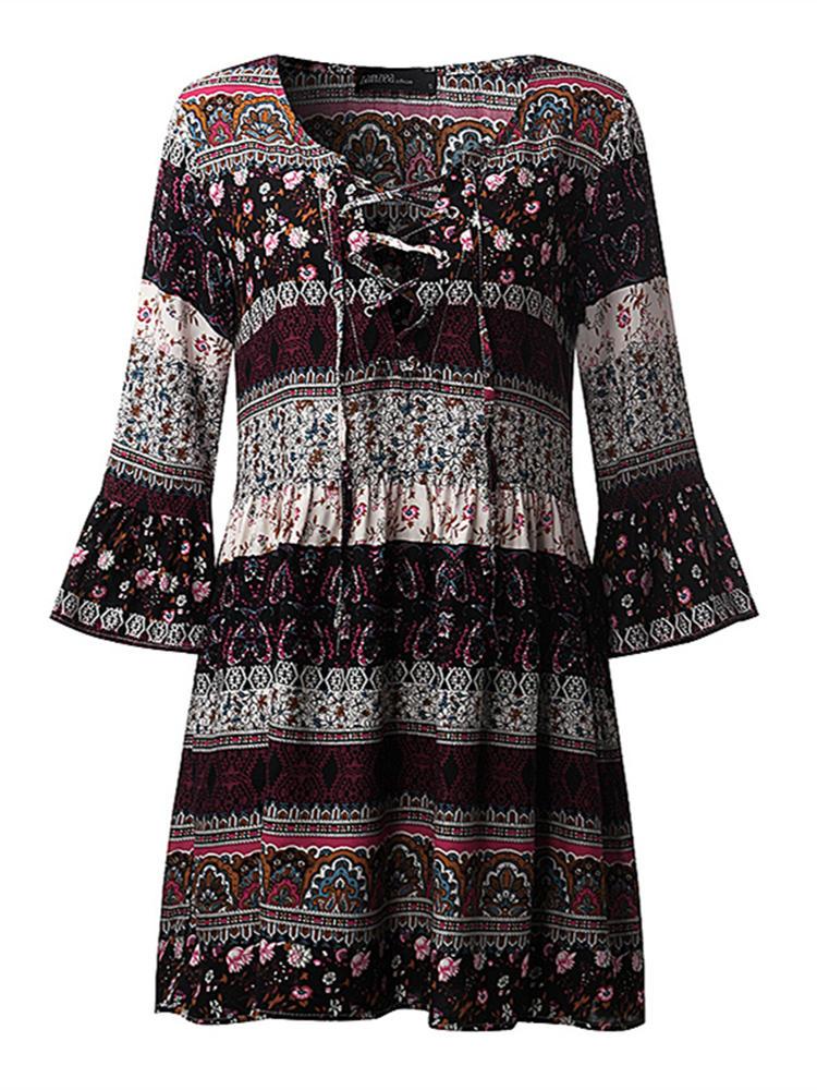 shopping שמלות Bohemian Women V-neck Bell Sleeve Floral Printed Mini Dress