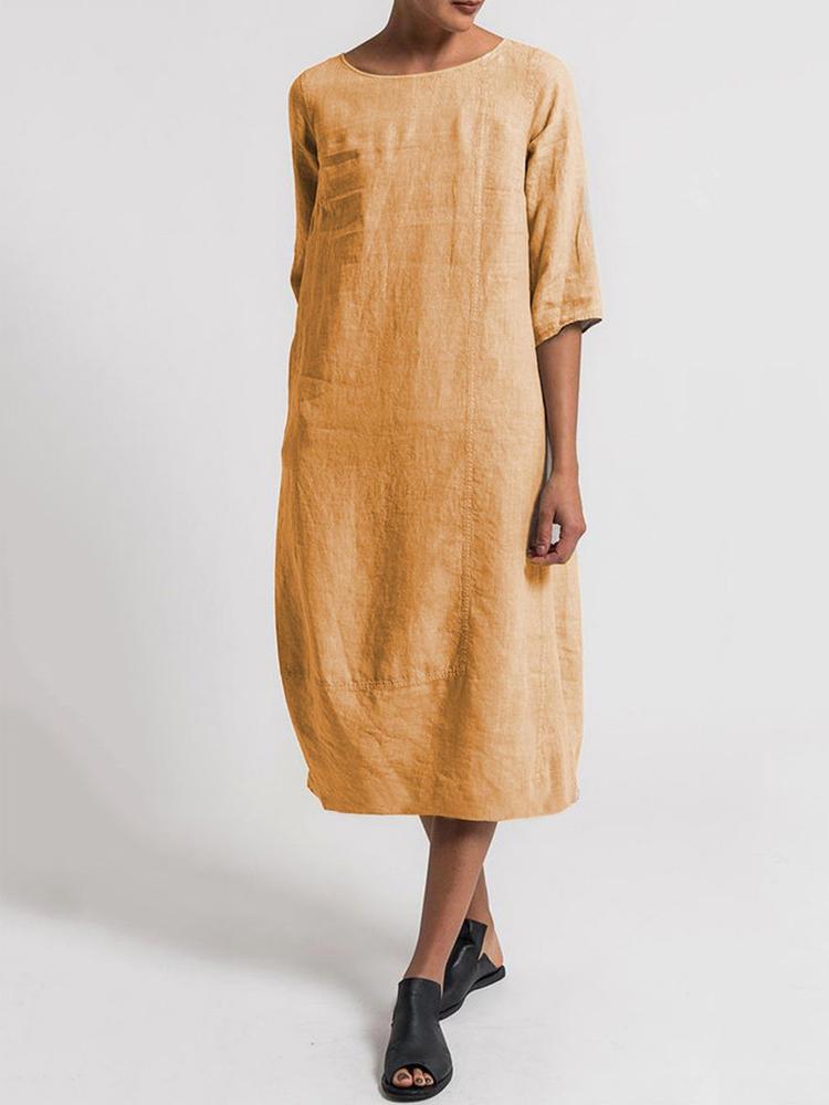 shopping שמלות Solid Color 3/4 Sleeve Crew Neck Casual Dress