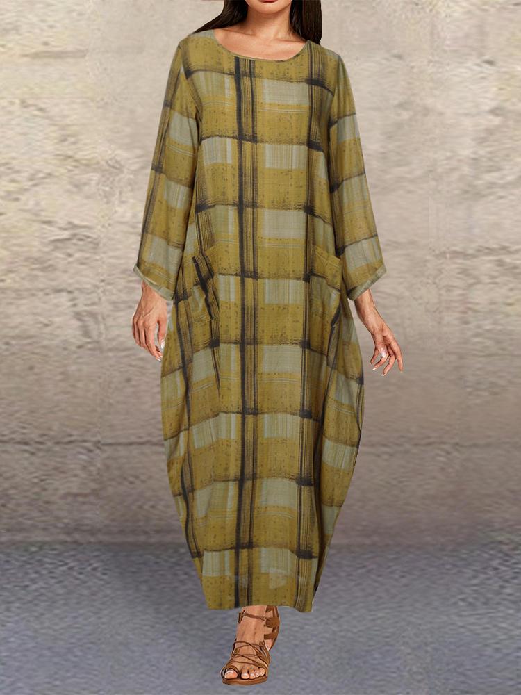 shopping שמלות Plus Size Plaid Long Sleeve Casual Dress with Pockets