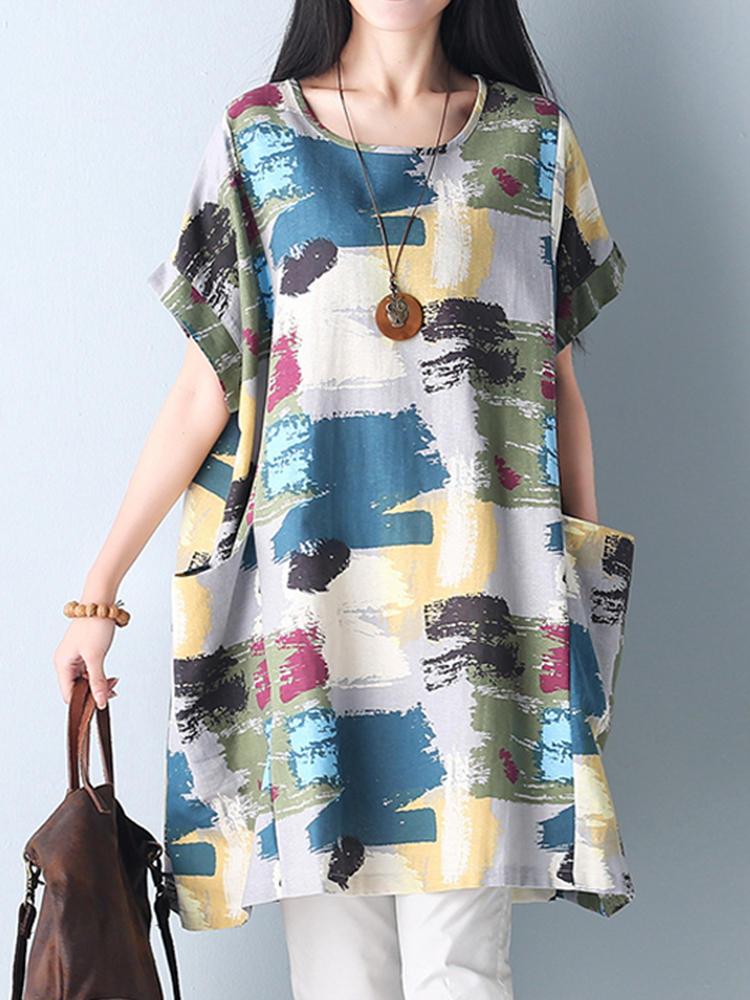 shopping שמלות Women Floral Print Loose Short Sleeve Summer Mini Dresses