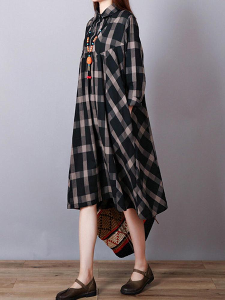 shopping שמלות Women Vintage Long Sleeve Plaid Lapel Loose Shirt Dress