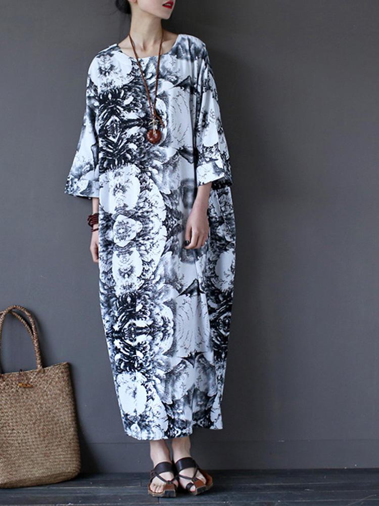 shopping שמלות Casual Women Random Floral Printing Batwing Sleeve Maxi Dresses