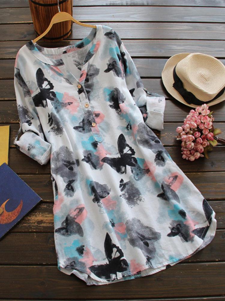 shopping שמלות Women Ink Printed V Neck Buttons Long Sleeve Shirt Dress