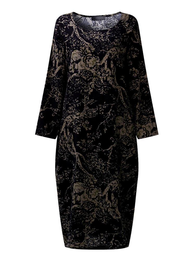 shopping שמלות Retro Women Floral Printed Long Sleeve Loose Maxi Dresses