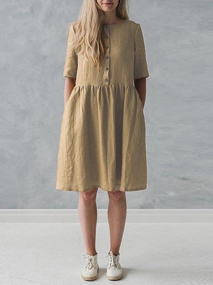 shopping שמלות S-5XL Vintage O-Neck Short Sleeve Button Pockets Cotton Linen Mini Dress