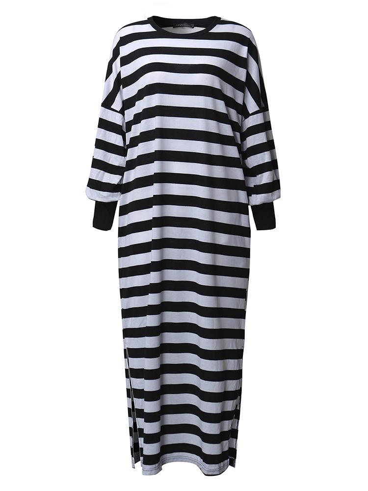 shopping שמלות Casual Women Crew Neck Batwing Sleeve Striped Black Long Sweatshirt Dress