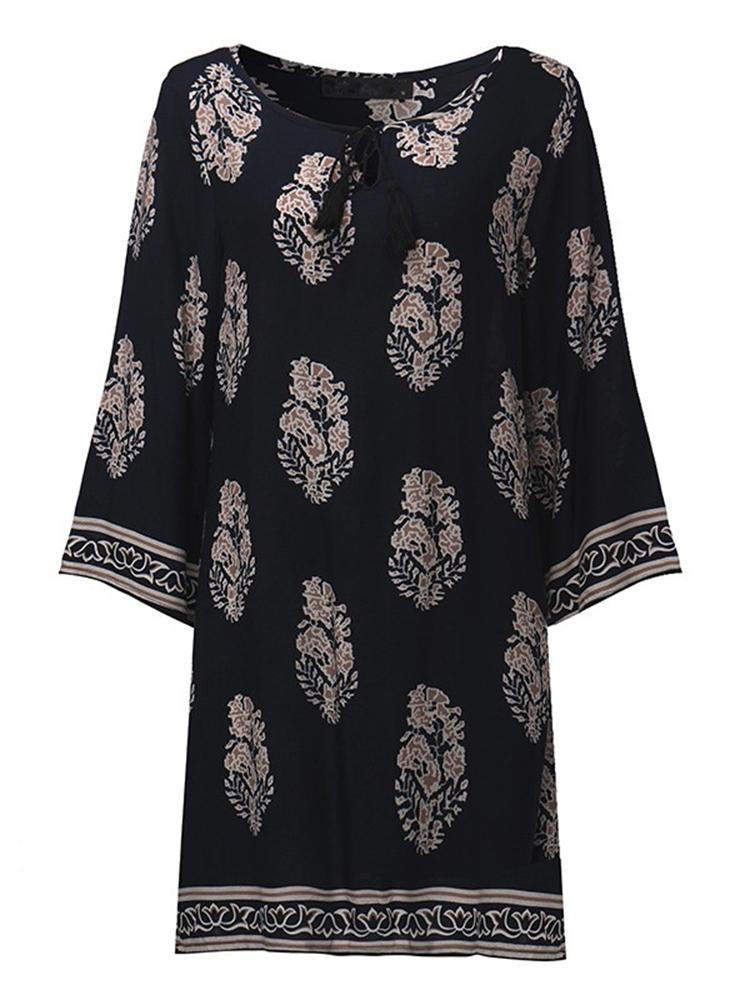 shopping שמלות Women Vintage Floral Printed 3/4 Sleeve Boho Mini Dresses