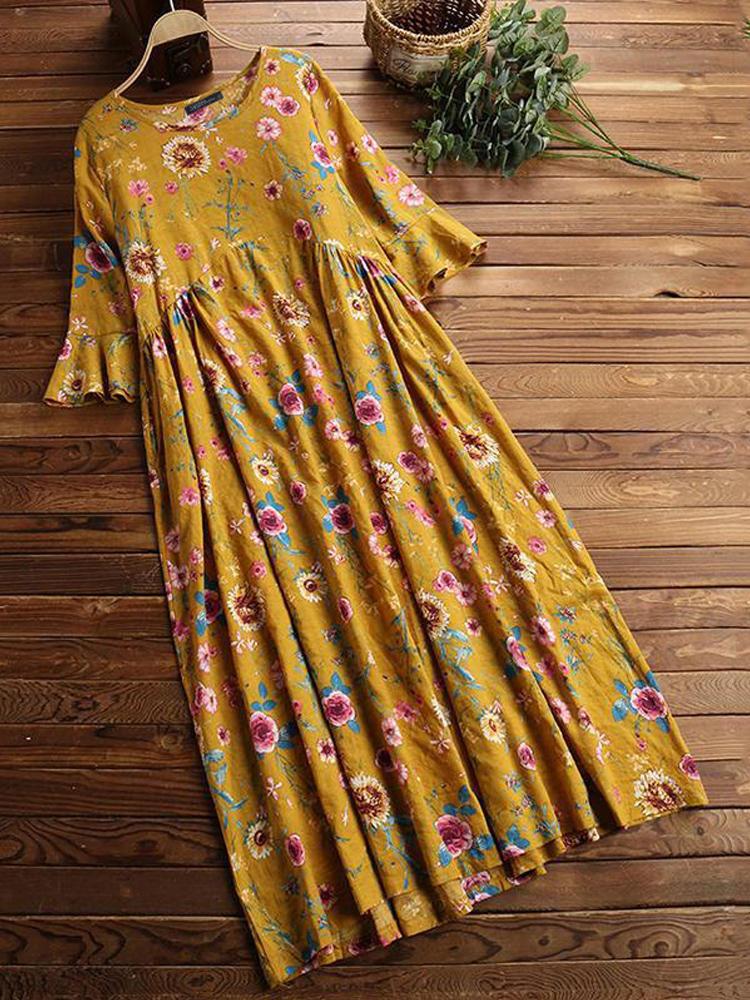 shopping שמלות Half Sleeve O-neck Pleated Floral Print Vintage Maxi Dress