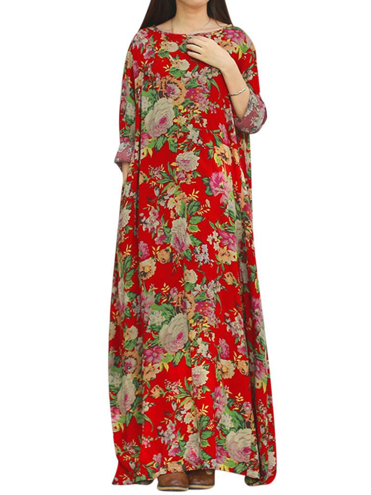 shopping שמלות Retro Women Floral Printed Long Sleeve O-Neck Floor-Length Dress