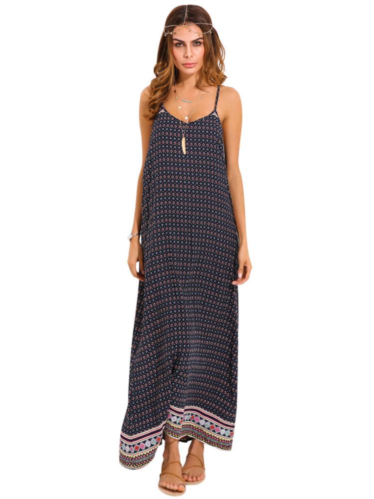 shopping שמלות Sexy Women Spaghetti Strap Backless Summer Printed Maxi Dresses