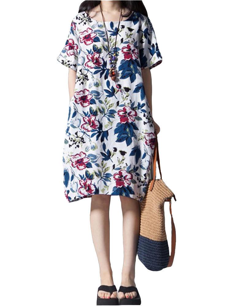 shopping שמלות Vintage Women Loose Printing Short Sleeve Elegant Dress