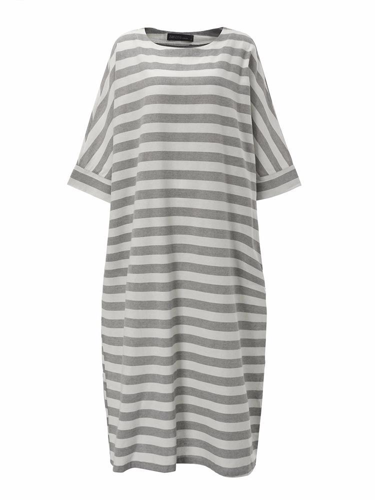 shopping שמלות Casual Women 3/4 Sleeve Striped O-Neck Baggy Cotton Maxi Dress