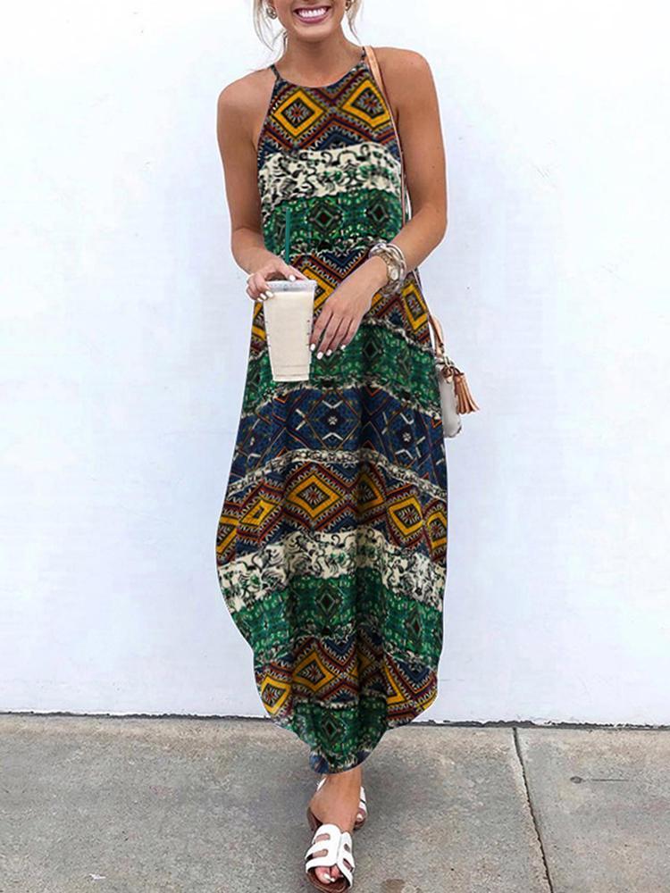 shopping שמלות S-5XL Women Casual Print Sleeveless Strap Dress