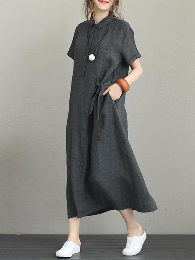 shopping שמלות Women Casual Button Down Casual Loose Short Sleeve Dress with Pockets