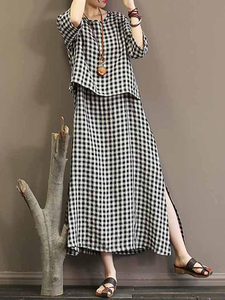 shopping שמלות Casual Women Plaid Split Hem 3/4 Sleeve Dress